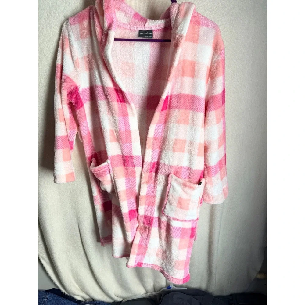 Eddie Bauer Kids Pink Plaid Plush Hooded Robe Size M 10/12 Fleece Bathrobe